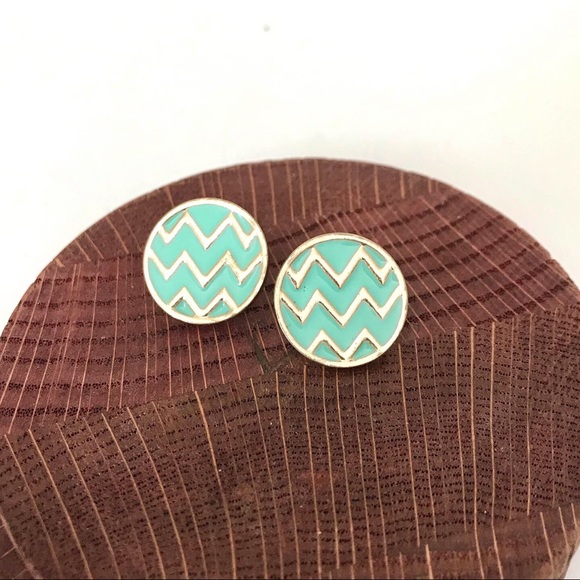 Aqua & Gold Chevron Circle Post Earrings - Picture 1 of 2